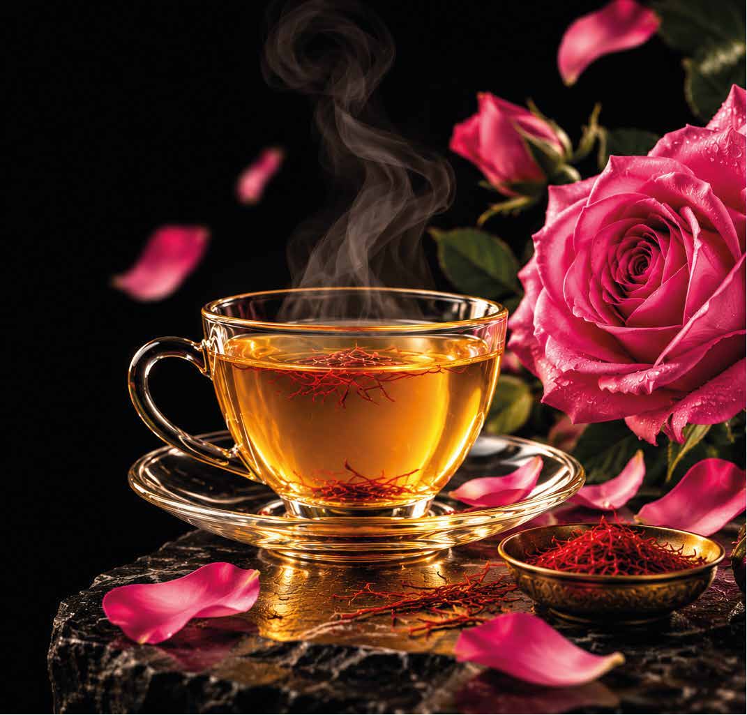 Thé ambré, rose et filaments de safran