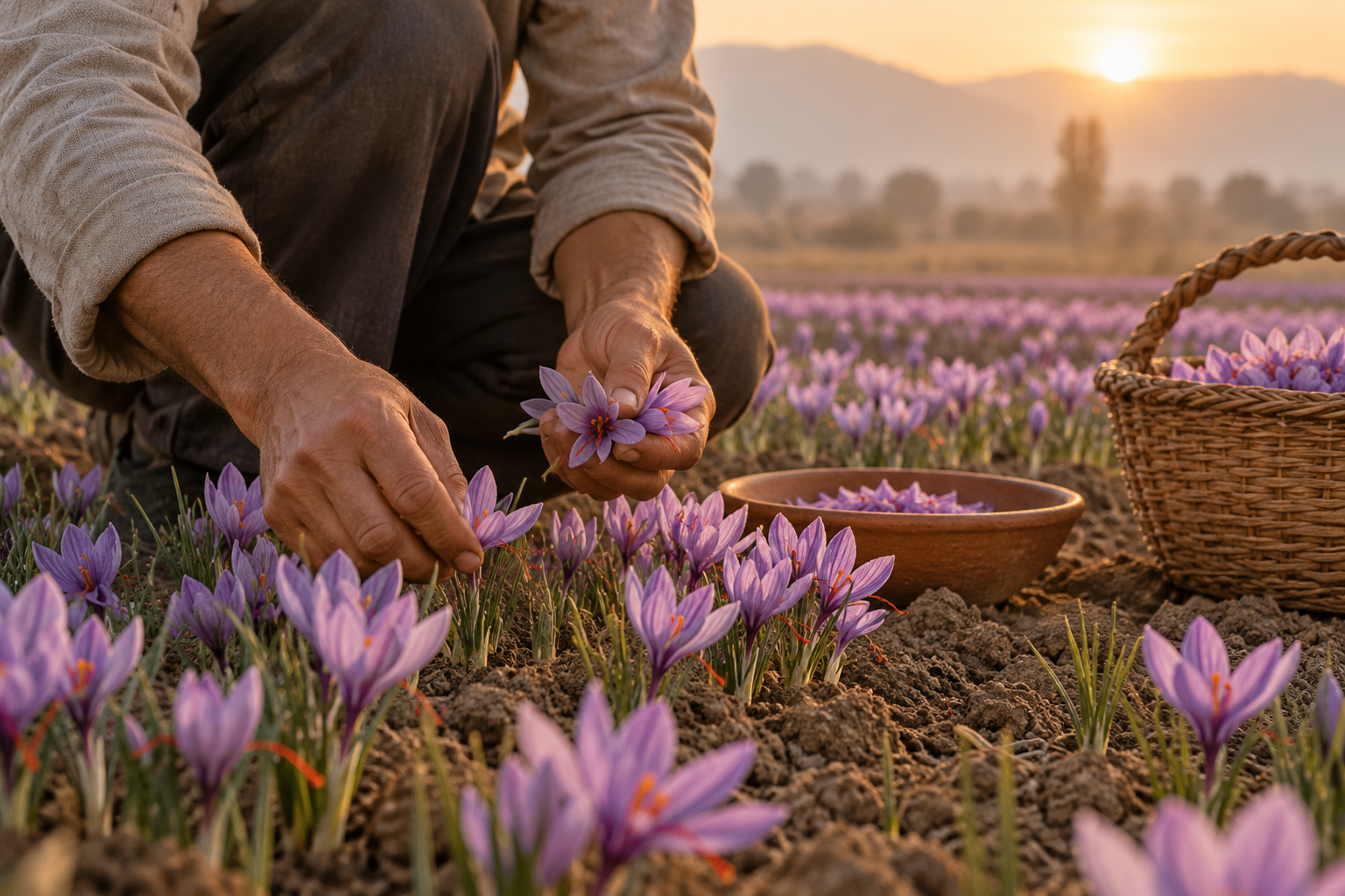Mains d’une personne récoltant des fleurs de safran dans un champ, visage hors champ
