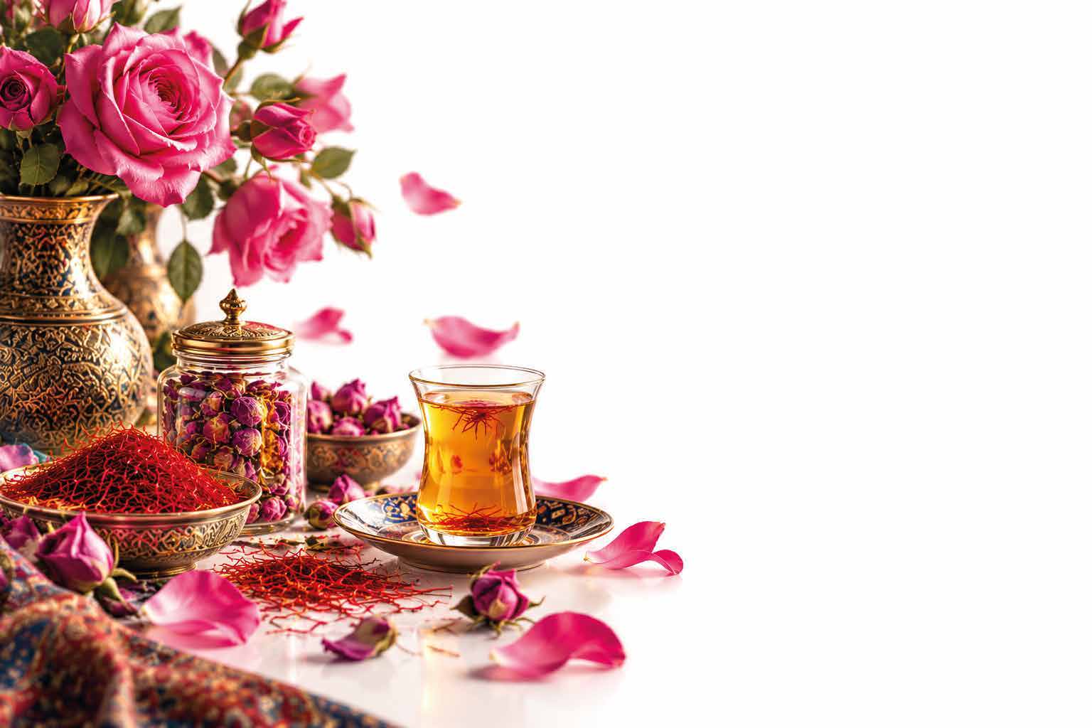 Roses, thé et safran dans un décor de vaisselle orientale